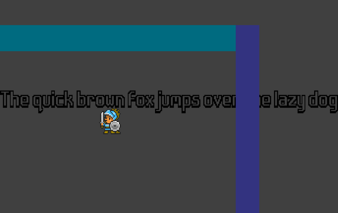 An early engine test window on a dark grey background: the sentence 'The quick brown fox jumps over the lazy dog' rendered in a pixel outline font, a small knight sprite holding a sword and shield, and a teal horizontal bar crossed by a purple vertical bar.