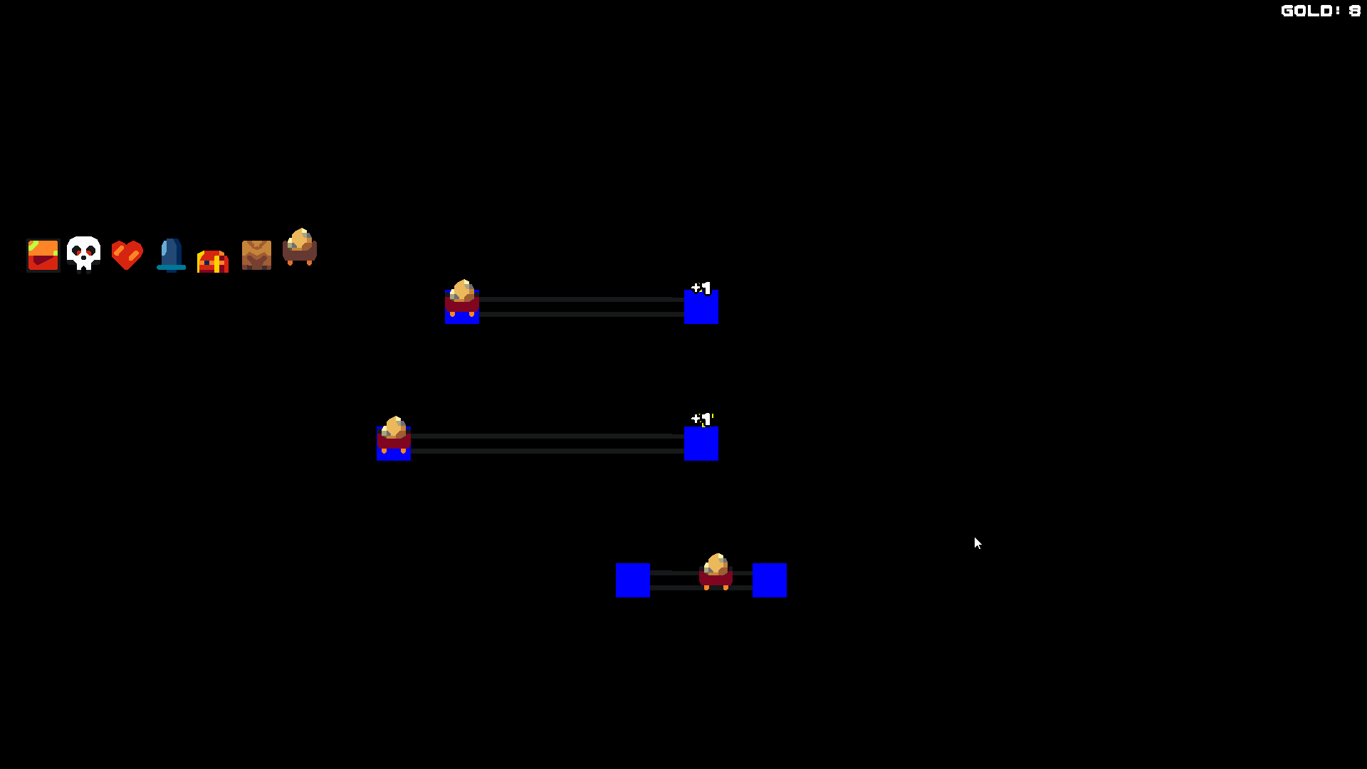The first Loot Route prototype: a black screen with a small row of resource icons, three simple routes connecting loot spawners to blue delivery squares, and a gold counter in the corner.