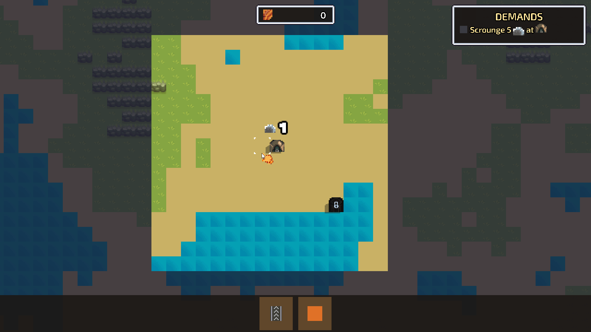 An early build with a procedurally generated map: sand, grass, water and rock tiles, most of the world dimmed under fog of war, a small camp revealed in the centre, and a DEMANDS panel asking to scrounge five stone.