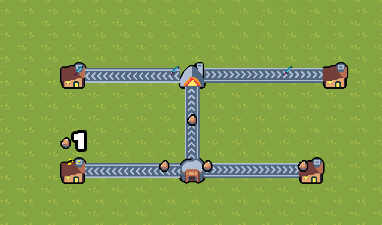 An early build on flat green grass: grey chevron-marked belts carrying loot between small goblin houses, meeting at junction buildings in the middle.