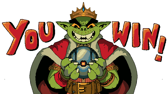 The Gob King holding the Boom Core beneath a YOU WIN banner